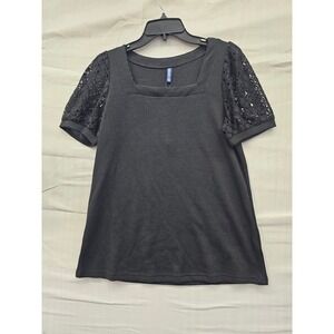 IWOLLENCE Womens Black Waffle Knit Top Square Neck‎ Lace Puff Short Sleeve Small